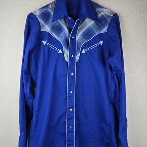 VINTAGE Western Cowboy Shirt Royal Blue Plaid Yoke Pearl Snap Retro Rockabilly